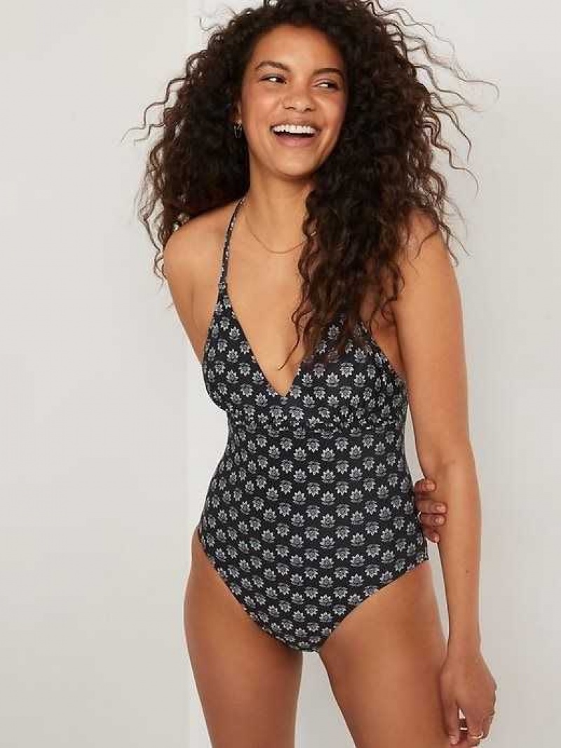 Old Navy V-Neck Ruffle-Trim Cutout One-Piece Swimsuit Black Flower | CVE563170