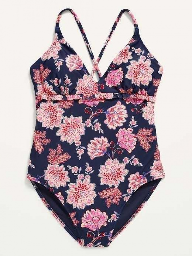 Old Navy V-Neck Ruffle-Trim Cutout One-Piece Swimsuit Flower | WRU521480