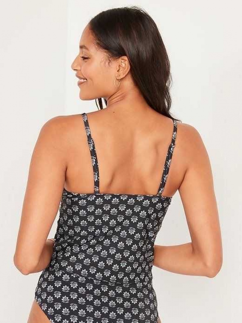 Old Navy V-Neck Ruffle-Trimmed Tankini Swim Top Black Flower | ARV428031