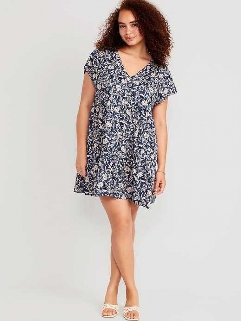 Old Navy V-Neck Tiered Floral Mini Swing Dress Blue | QHC603297