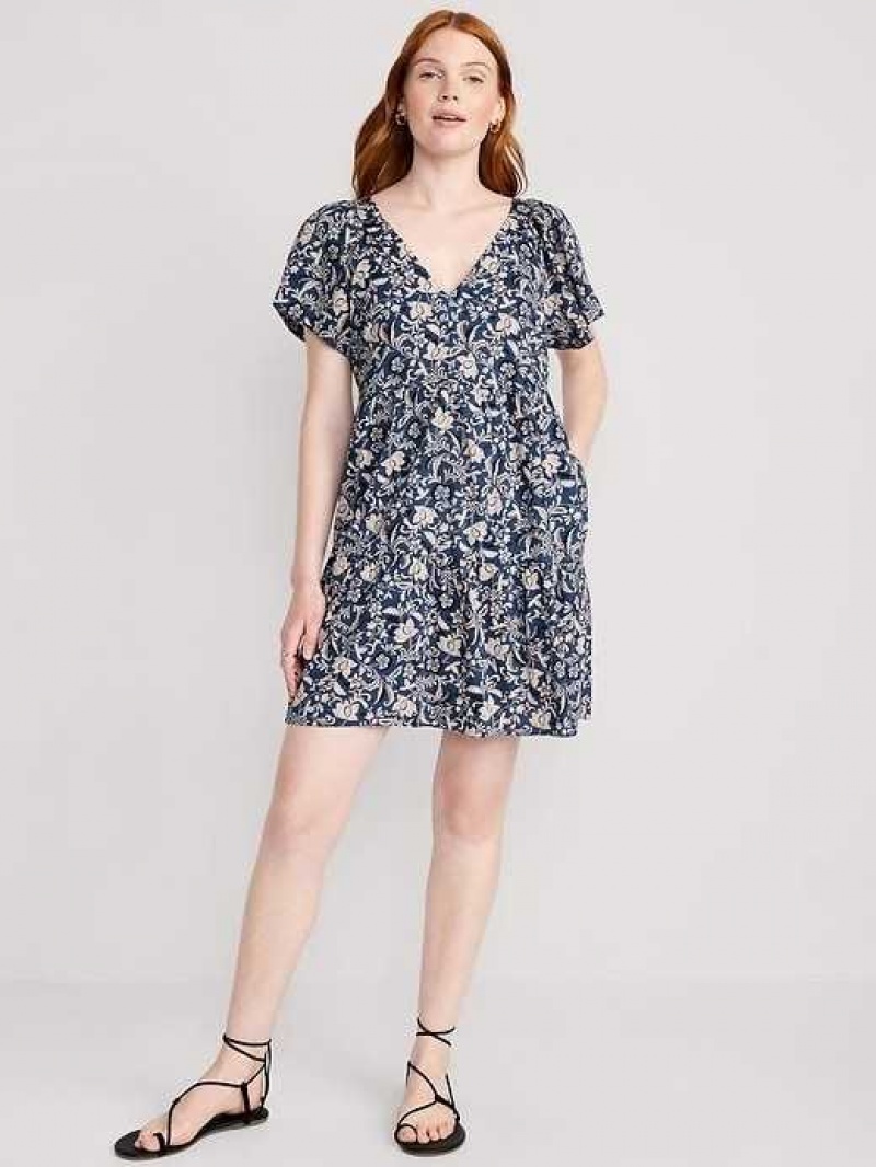 Old Navy V-Neck Tiered Floral Mini Swing Dress Blue | QHC603297