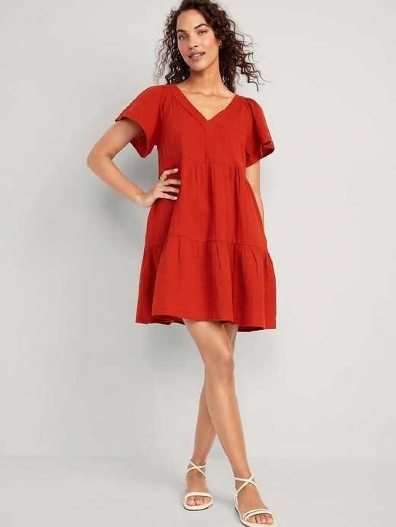 Old Navy V-Neck Tiered Mini Swing Dress Deep Red | MSR153869