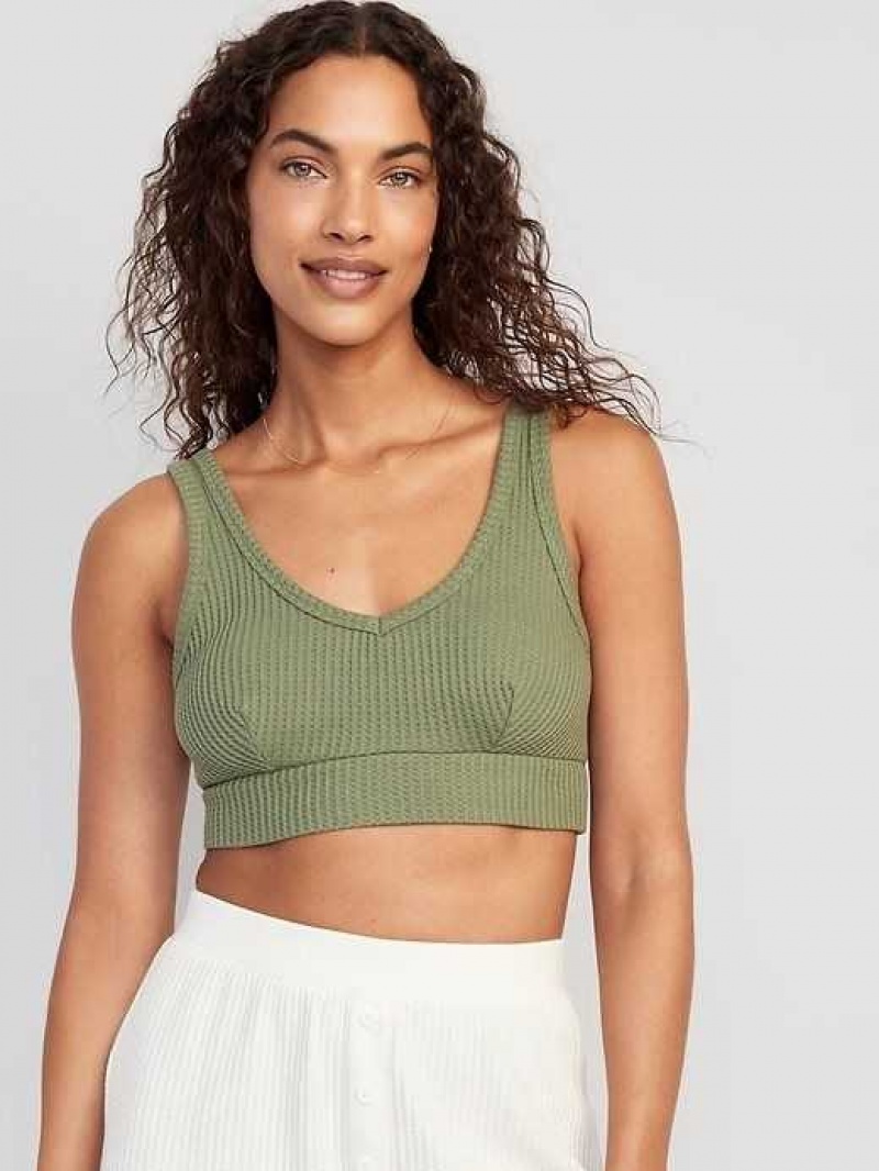 Old Navy Waffle-Knit V-Neck Pajama Bralette Top Olive | UTD105873