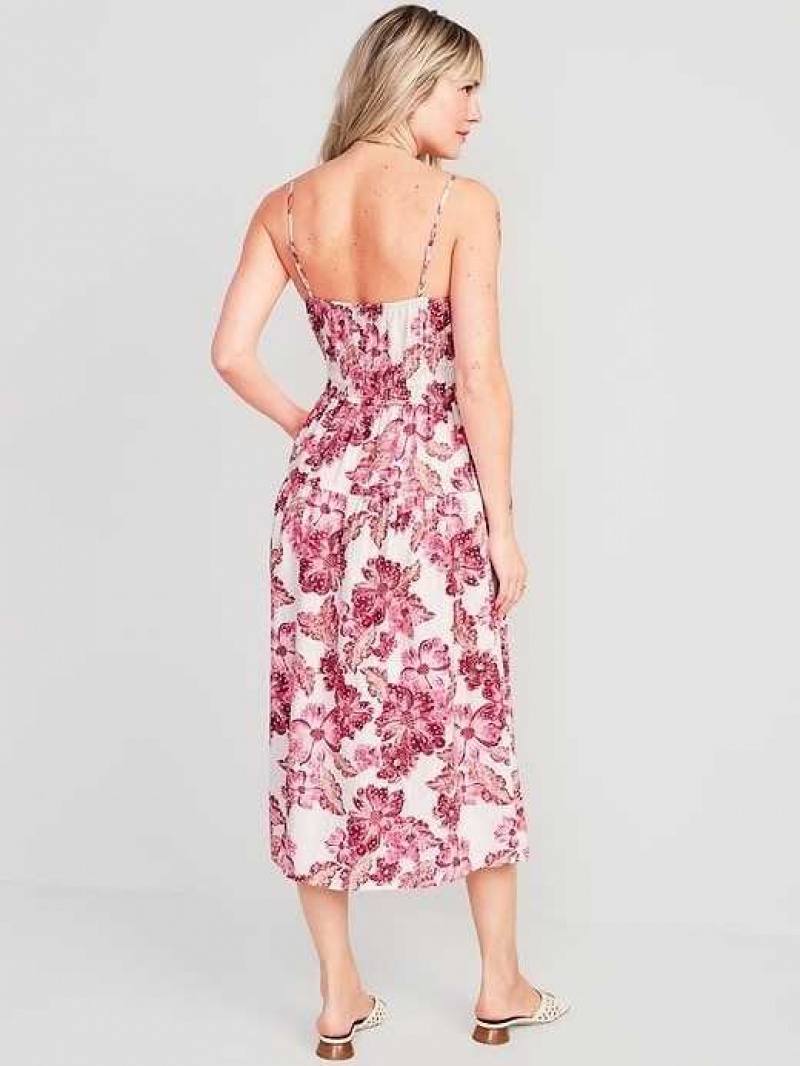 Old Navy Waist-Defined Floral Linen-Blend Smocked Midi Cami Dress Pink | BDI826419