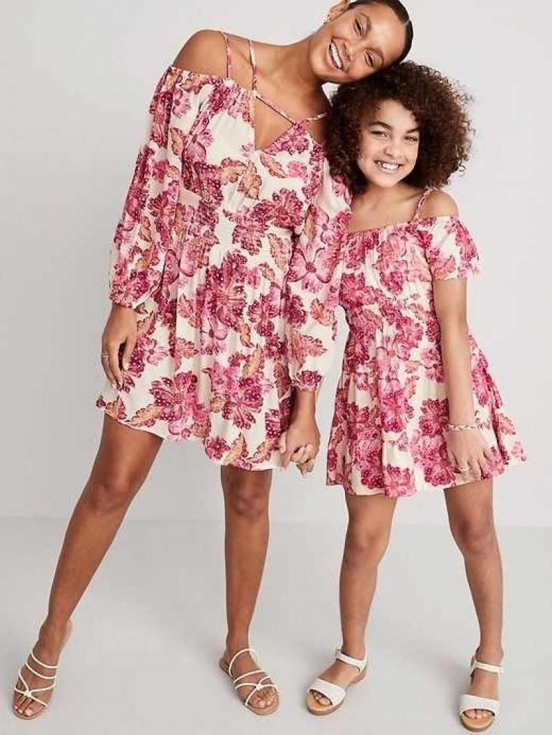 Old Navy Waist-Defined Floral Linen-Blend Smocked Midi Cami Dress Pink | BDI826419