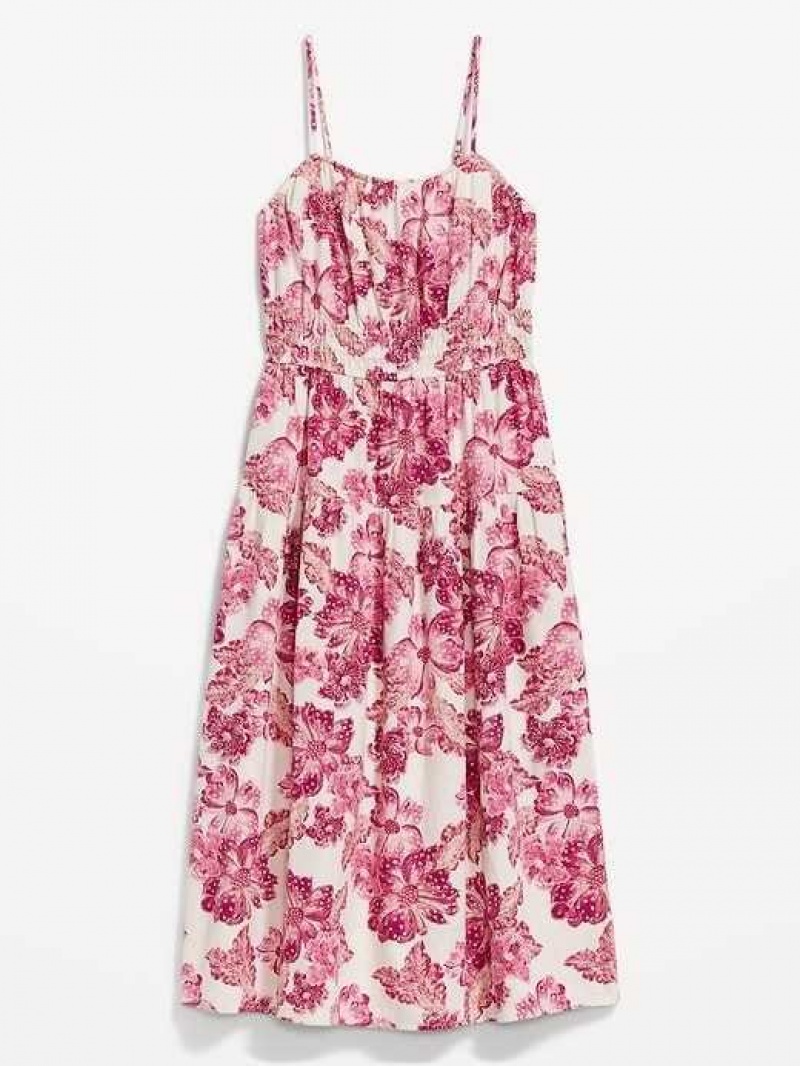 Old Navy Waist-Defined Floral Linen-Blend Smocked Midi Cami Dress Pink | BDI826419