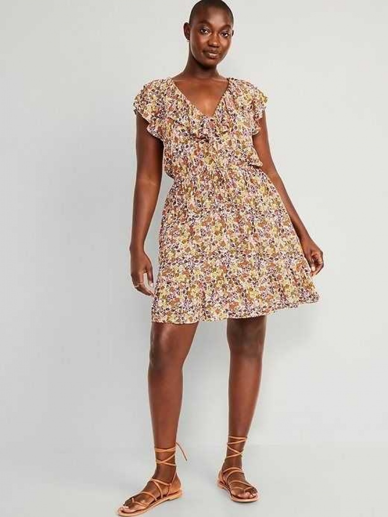 Old Navy Waist-Defined Flutter-Sleeve Floral Mini Dress Multifloral | YXZ062593