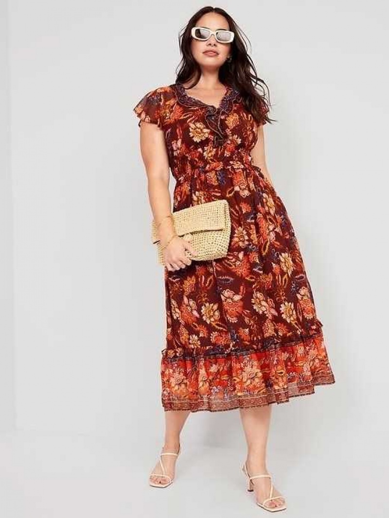 Old Navy Waist-Defined Flutter-Sleeve Midi Dress Red | OGR910845