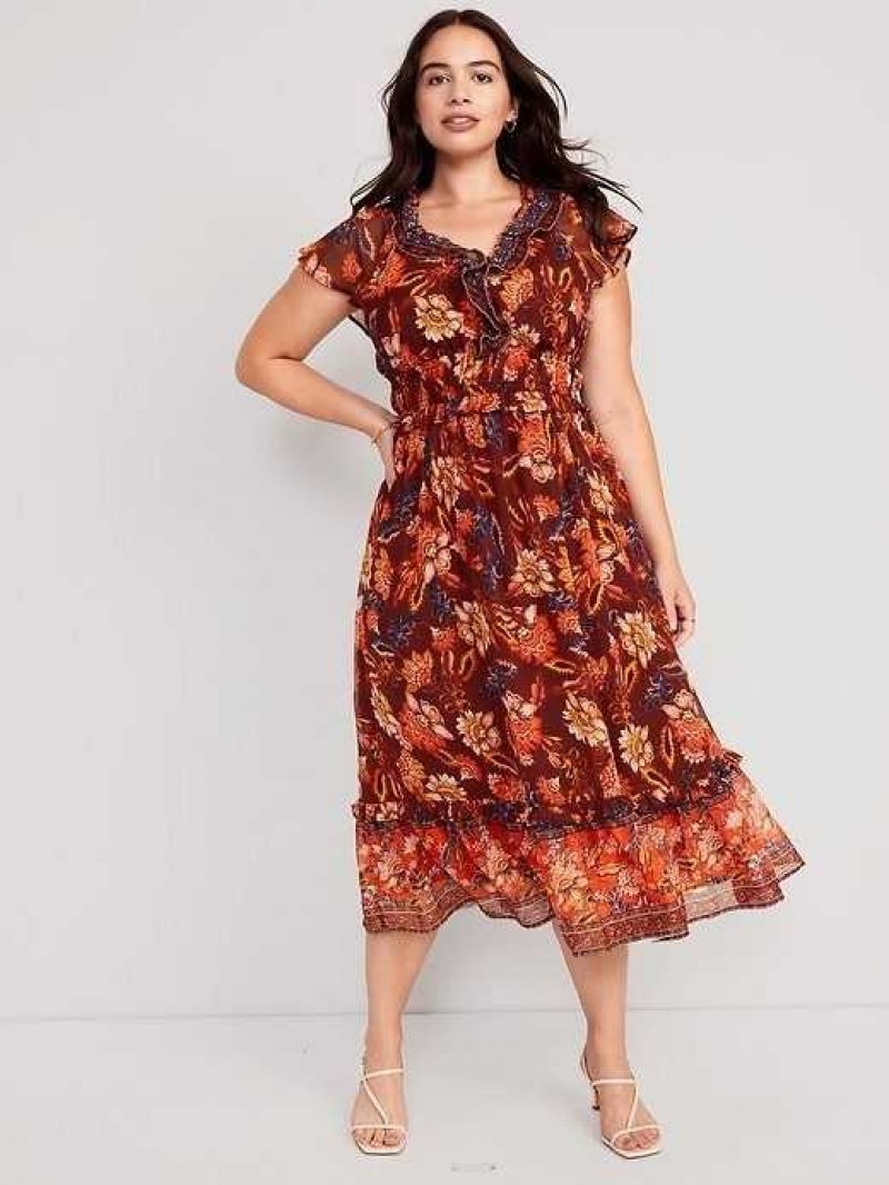 Old Navy Waist-Defined Flutter-Sleeve Midi Dress Red | OGR910845