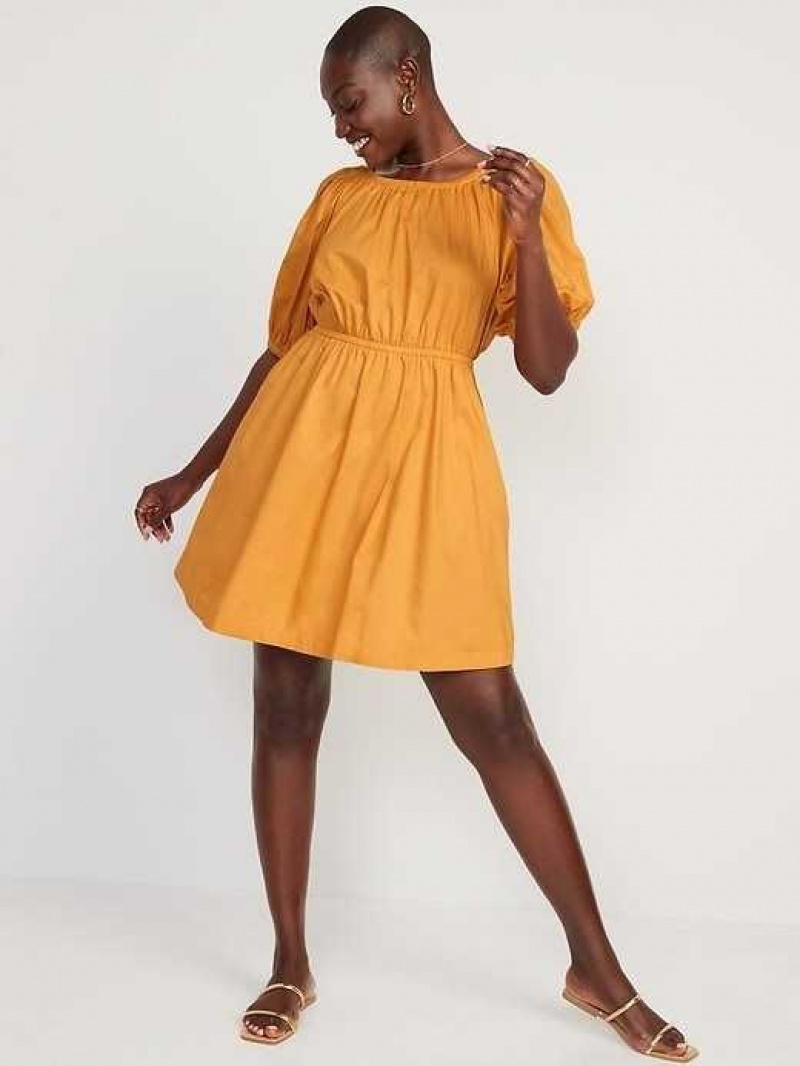 Old Navy Waist-Defined Poplin Puff Sleeve Mini Dress Gold | LRO627385