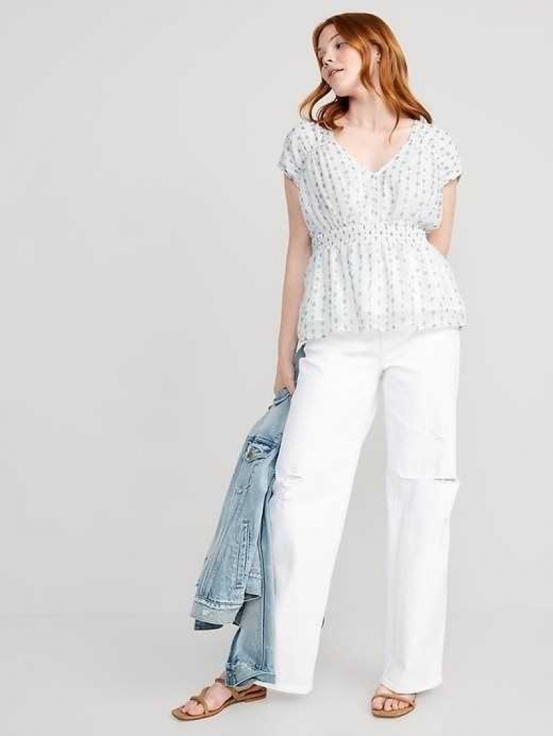 Old Navy Waist-Defined Printed Dolman-Sleeve Top White | IZU847619