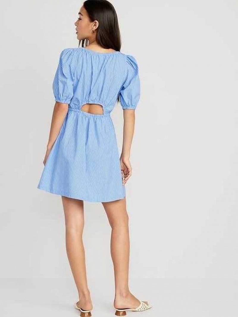 Old Navy Waist-Defined Puff-Sleeve Striped Cotton-Poplin Mini Dress Blue Stripes | KPD540623