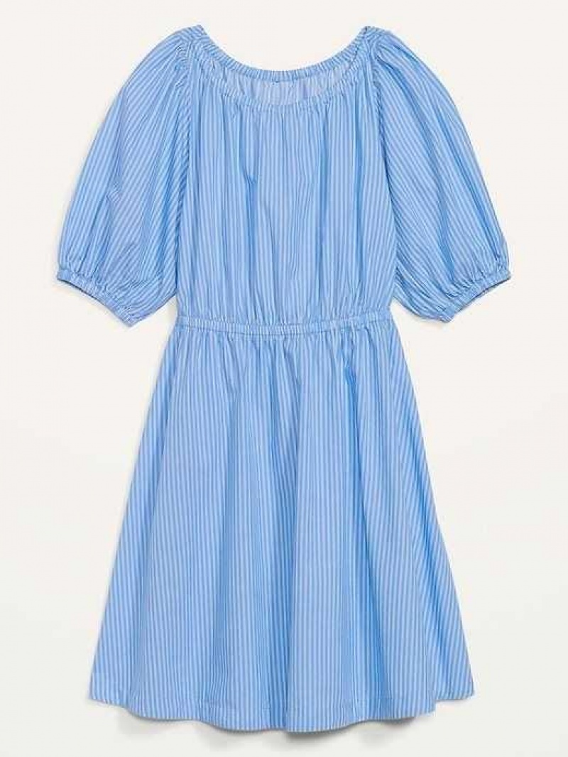 Old Navy Waist-Defined Puff-Sleeve Striped Cotton-Poplin Mini Dress Blue Stripes | KPD540623