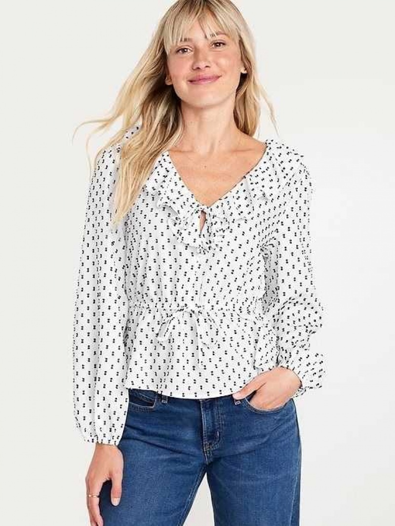 Old Navy Waist-Defined Ruffle-Trim Clip-Dot Top Creme De La Creme | DNR128934