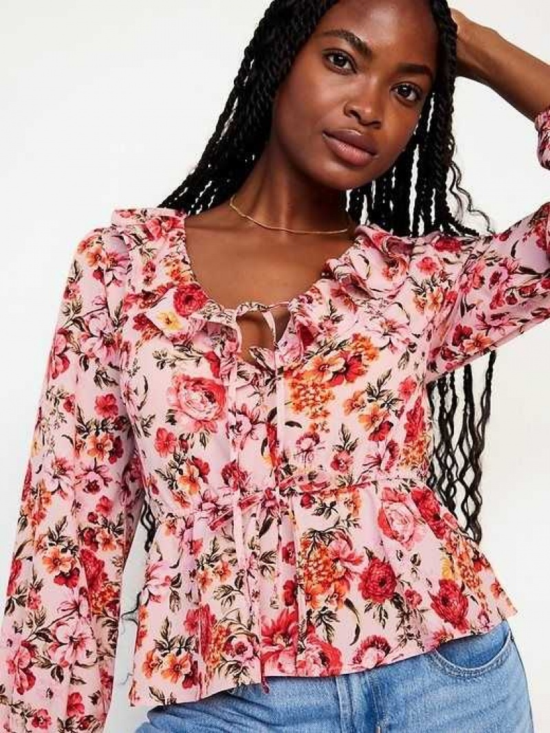 Old Navy Waist-Defined Ruffle-Trim Floral Top Multicolor | PKA950381