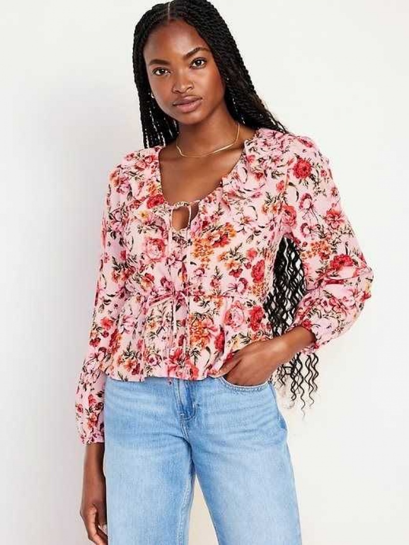 Old Navy Waist-Defined Ruffle-Trim Floral Top Multicolor | PKA950381