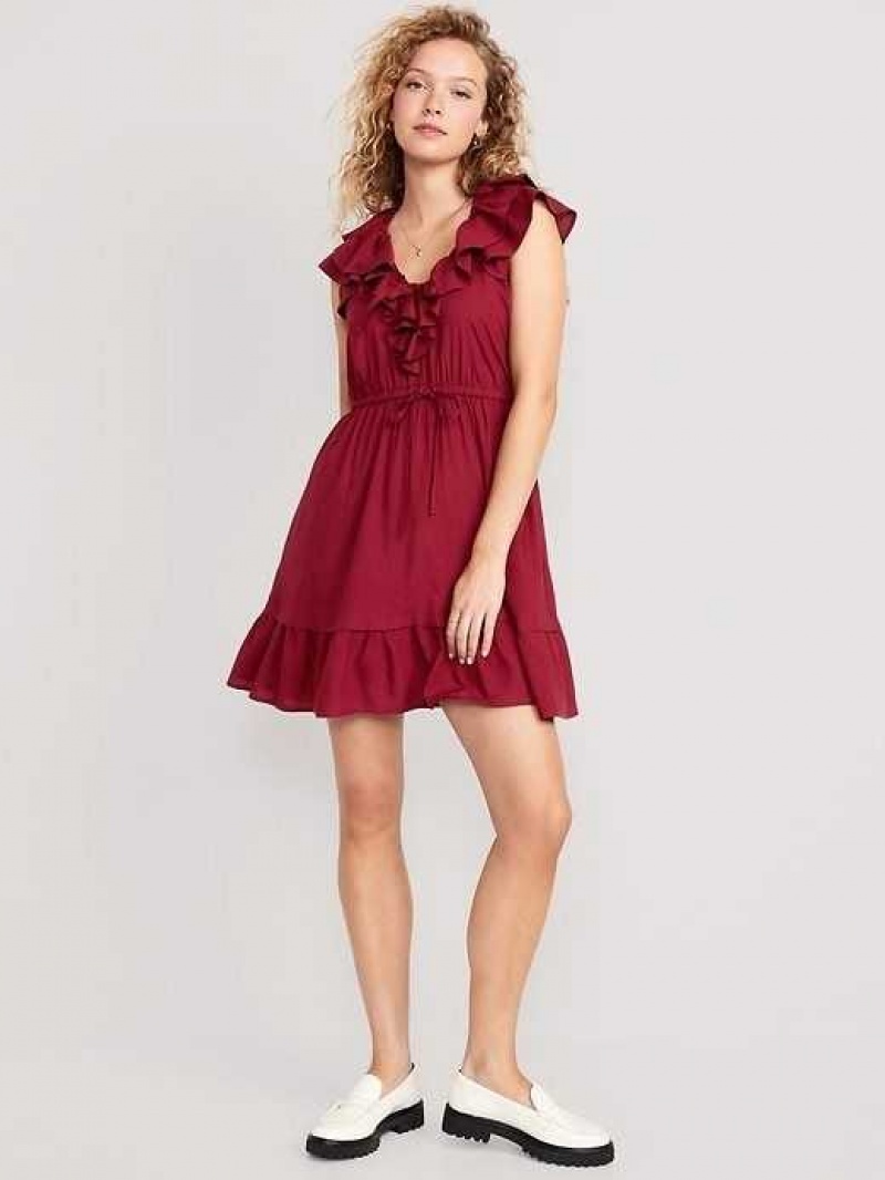 Old Navy Waist-Defined Ruffle-Trim Mini Dress Red Burgundy | KWD652197