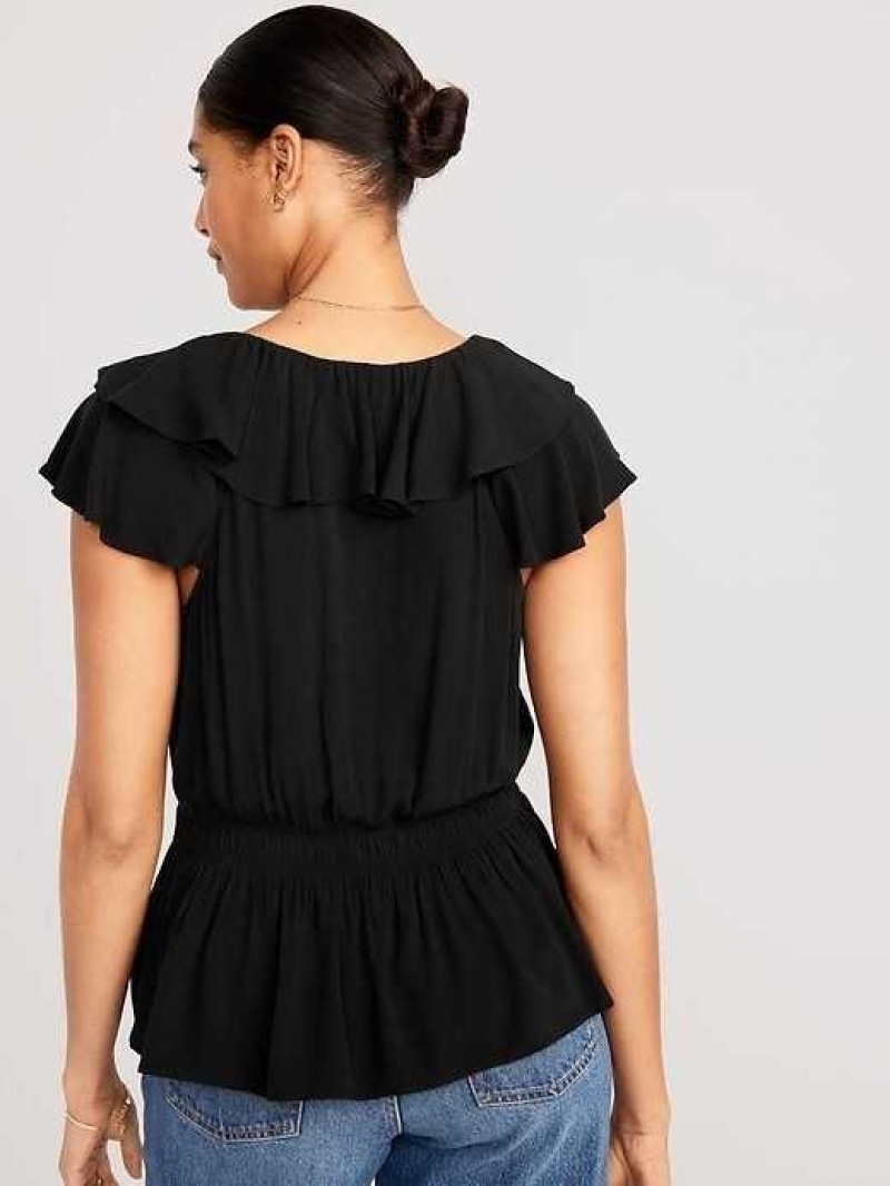 Old Navy Waist-Defined Ruffle-Trim Top Black | GFR328710