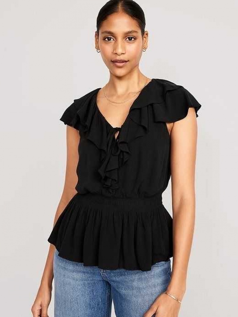 Old Navy Waist-Defined Ruffle-Trim Top Black | GFR328710