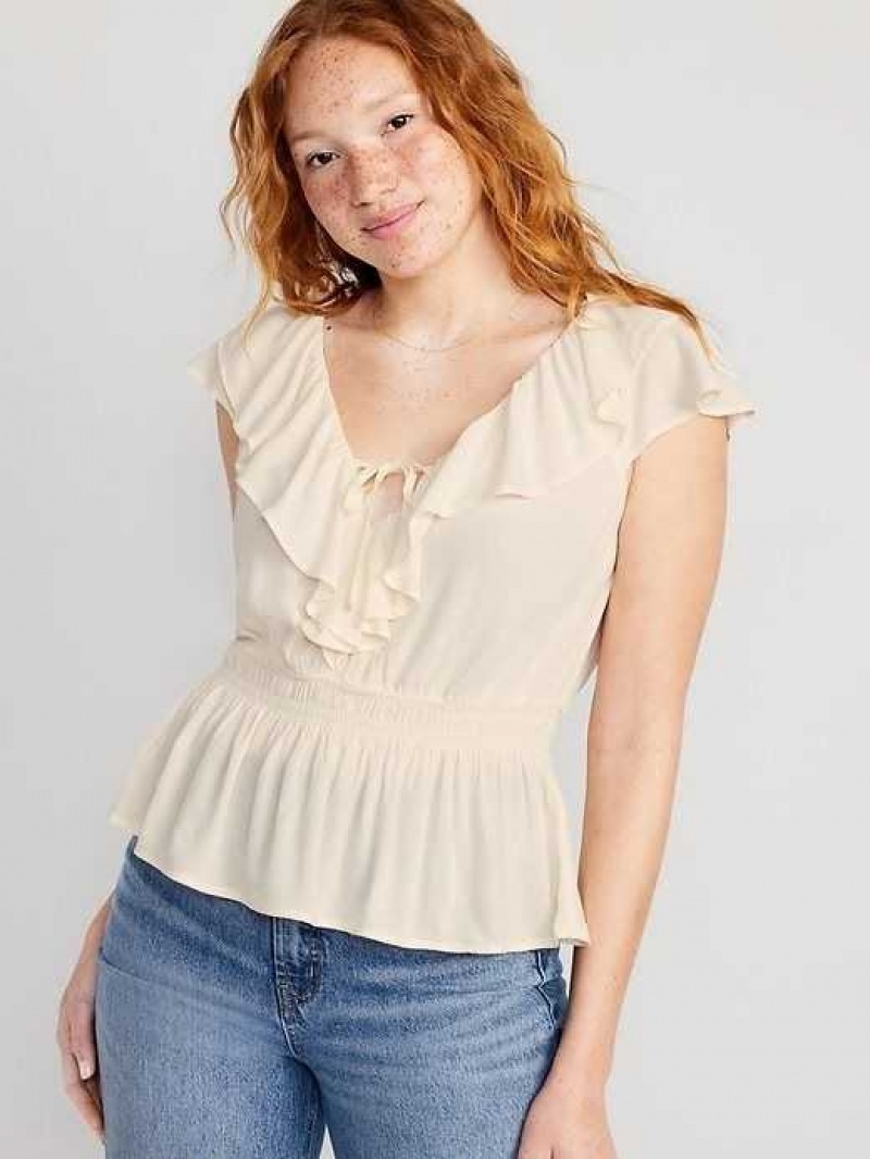 Old Navy Waist-Defined Ruffle-Trim Top Creme De La Creme | JTC812597