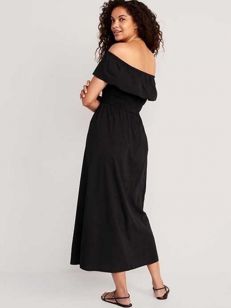 Old Navy Waist-Defined Ruffled Off-The-Shoulder Smocked Maxi Dress Blackjack | REH589624