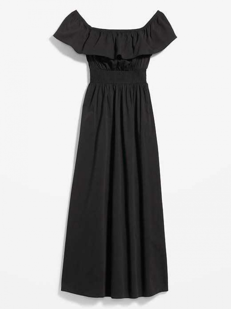 Old Navy Waist-Defined Ruffled Off-The-Shoulder Smocked Maxi Dress Blackjack | REH589624