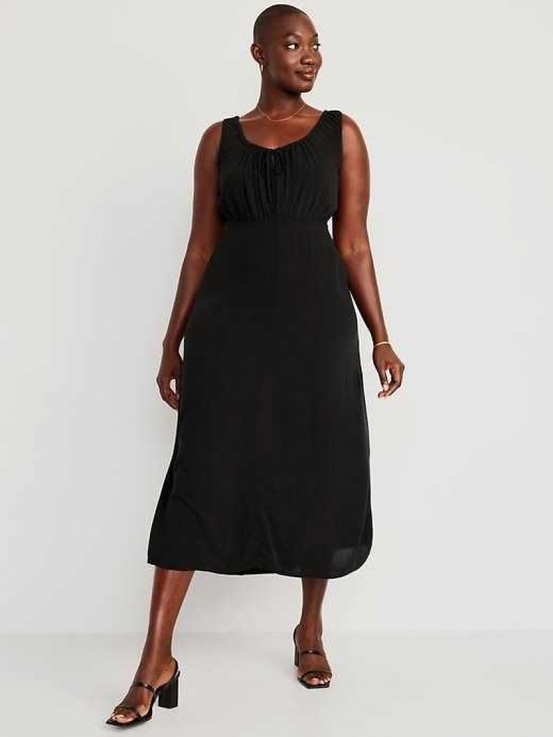 Old Navy Waist-Defined Sleeveless Crepe Midi Dress Black | KLV403965