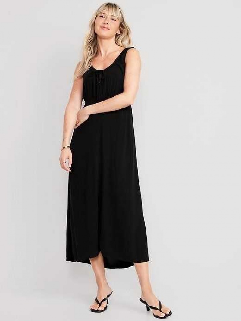 Old Navy Waist-Defined Sleeveless Crepe Midi Dress Black | KLV403965