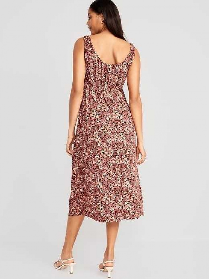 Old Navy Waist-Defined Sleeveless Printed Crepe Midi Dress Brown | WQS351640