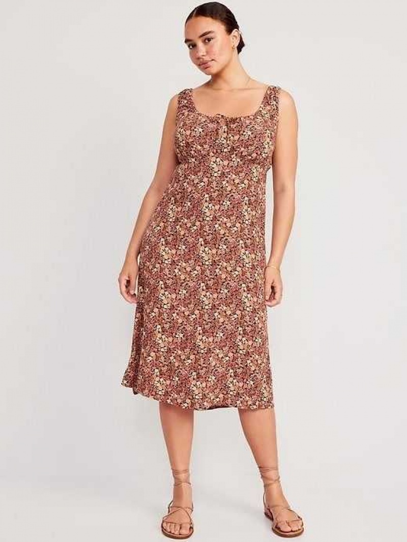 Old Navy Waist-Defined Sleeveless Printed Crepe Midi Dress Brown | WQS351640