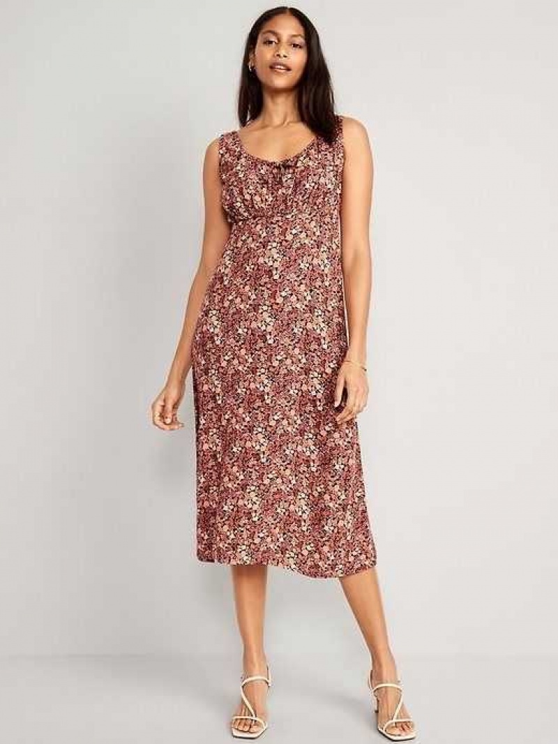 Old Navy Waist-Defined Sleeveless Printed Crepe Midi Dress Brown | WQS351640