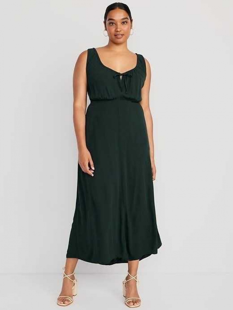 Old Navy Waist-Defined Sleeveless Tie-Front Midi Dress Dark Green | UZQ871960