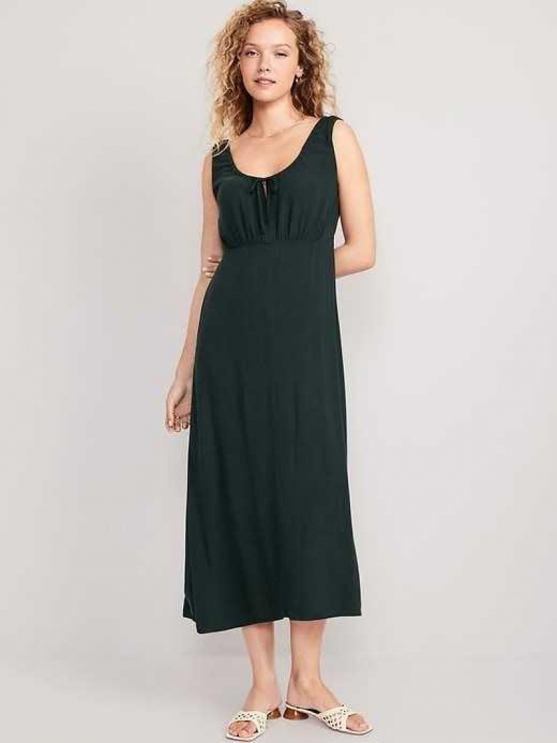 Old Navy Waist-Defined Sleeveless Tie-Front Midi Dress Dark Green | UZQ871960