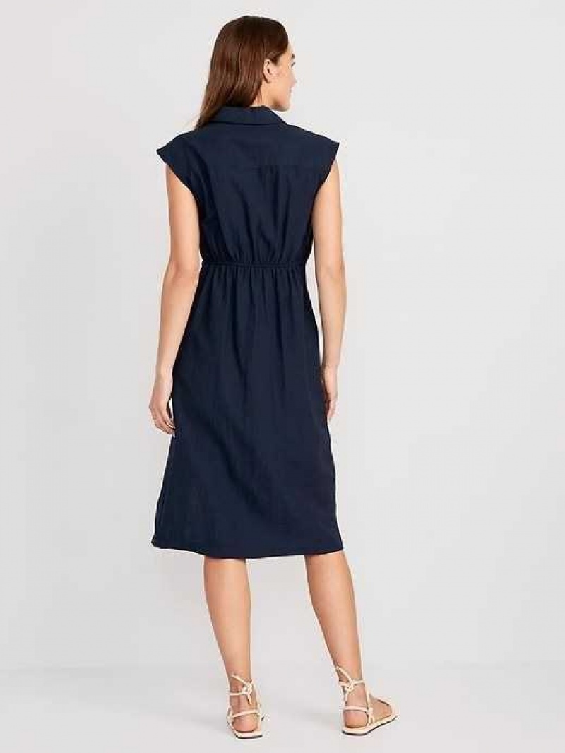 Old Navy Waist-Defined Twist-Front Midi Shirt Dress Navy Blue | IHX659728