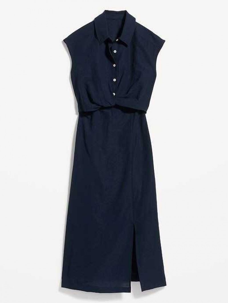 Old Navy Waist-Defined Twist-Front Midi Shirt Dress Navy Blue | IHX659728