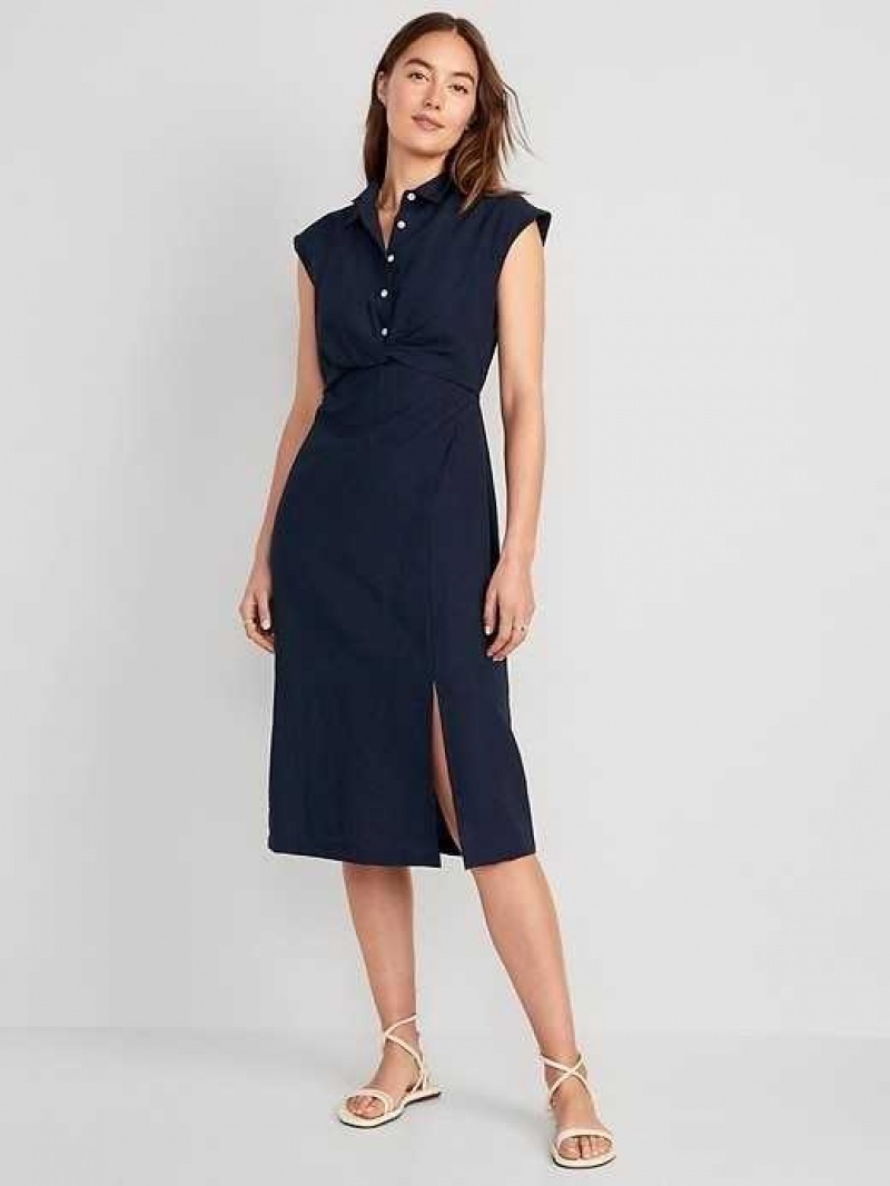 Old Navy Waist-Defined Twist-Front Midi Shirt Dress Navy Blue | IHX659728