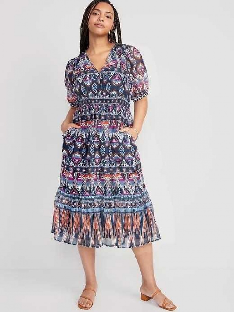 Old Navy Waist-Defined V-Neck Midi Dress Navy Blue | TOC693402