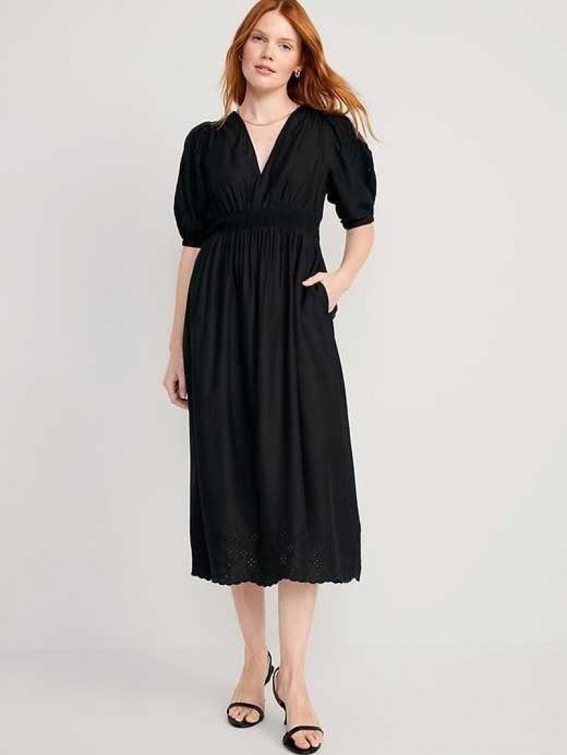 Old Navy Waist-Defined V-Neck Shirred Midi Dress Black | HOQ245317