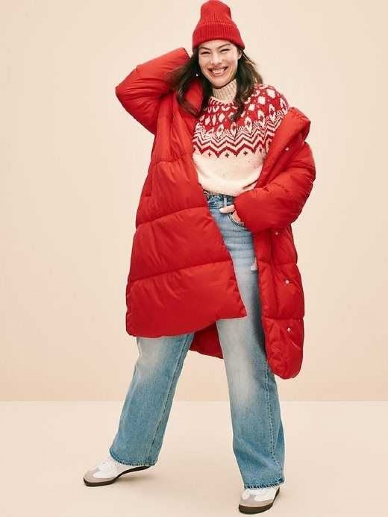 Old Navy Water-Resistant Long Hooded Puffer Coat Red | KFZ758132