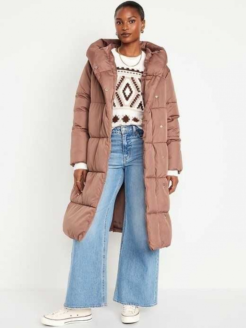 Old Navy Water-Resistant Long Hooded Puffer Coat Beige | YHX149028